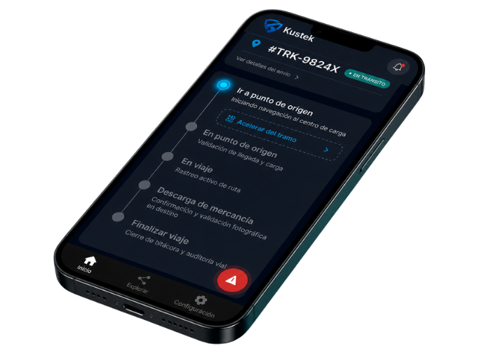 App Kustek vista compacta del viaje custodiado en tránsito con telemetría GPS